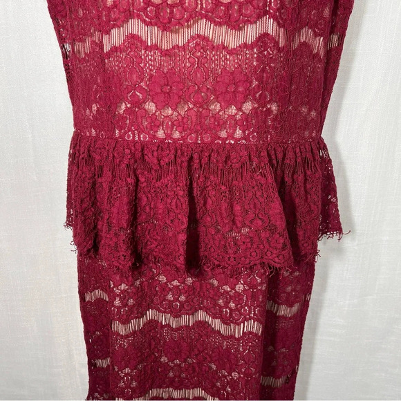 Anthropologie Maeve Elsa Burgundy Red Lace Peplum Sheath Cap Sleeve Dress Sz L - Picture 7 of 8